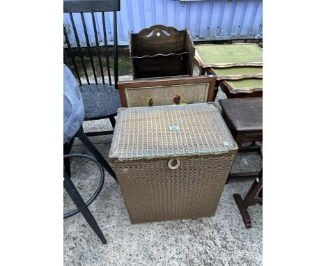 A LLOYD LOOM LINEN BOX, A FIRESCREEN AND A MID 20TH CENTURY OAK MAGAZINE RACK 