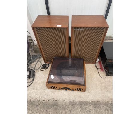 A PORTABLE RECORD PLAYER AND A PAIR OF TEAK MUSITAPES SPEAKERS 