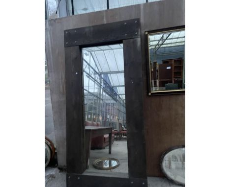 A LARGE WOODEN FRAMED INDUSTRIAL STYLE MIRROR WITH GALVANISED BOLTS, 87 X 41" 