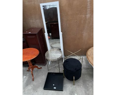 A CHEVAL MIRROR, CIRCULAR MODERN STOOL AND TWO TABLES 