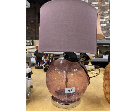 A CRACKLE GLASS LAMP IN PURPLE WITH SHADE 