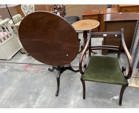 A 19TH CENTURY MAHOGANY 30.5" DIAMETER TILT-TOP TRIPOD TABLE AND REGENCY STYLE CARVER CHAIR 