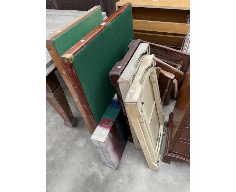 THREE FOLDING BED TRAYS, FOLDING BOX TABLE AND CARD TABLE 