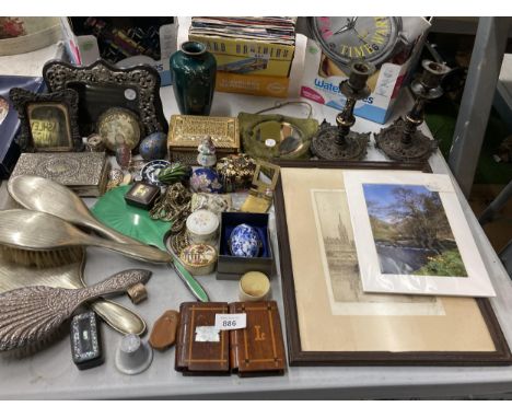 A LARGE MIXED LOT TO INCLUDE PHOTO FRAMES, A CLOISONNE VASE, CANDLESTICKS, PILL BOXES, A SILVER PLATED BOX, BRUSH AND MIRROR 