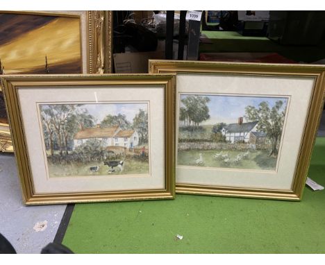 TWO GILT FRAMED WATERCOLOURS OF FARM / COUNTRY SCENES, BOTH SIGNED RUBY SUTTON, DATED 1998 