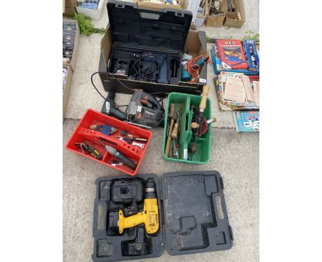 AN ASSORTMENT OF TOOLS TO INCLUDE A BRACE DRILL, AN AEG BATTERY DRILL AND A WICKES JIGSAW ETC 