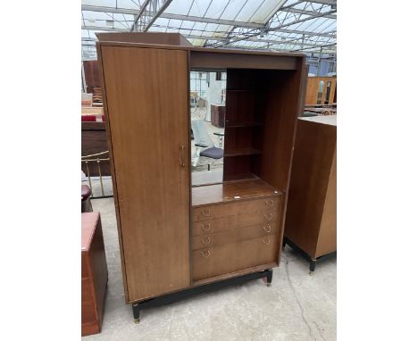 A RETRO TEAK G-PLAN E.GOMME WARDROBE WITH HANGING SECTION, FOUR DRAWERS AND STORAGE SHELVES WITH SLIDING MIRROR, 45" WIDE 