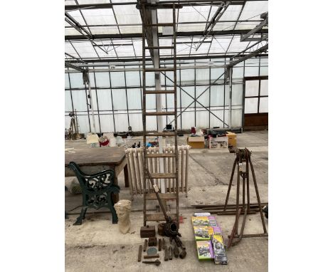 AN ASSORTMENT OF ITEMS TO INCLUDE A WOODEN LADDER, DRILL CHUCKS AND TOOLS ETC 