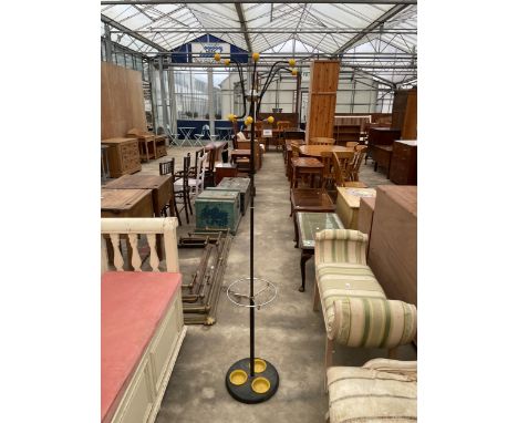A RETRO HAGO ATOMIC SPUTNIK COAT/STICK STAND WITH YELLOW TERMINALS AND DISHES 