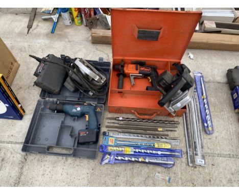 AN ASSORTMENT OF TOOLS TO INCLUDE RIP SAWS, TWO DRILLS AND HEAVY DUTY DRILL BITS ETC 