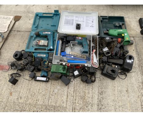 AN ASSORTMENT OF TOOLS TO INCLUDE BATTERY DRILLS, DRILL BITS AND CHARGERS ETC 