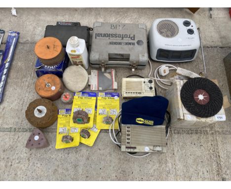 AN ASSORTMENT OF TOOLS TO INCLUDE BUFFING WHEELS AND A HEATER ETC 