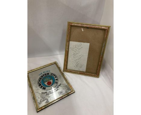A FRAMED MANCHESTER CITY MIRROR AND SIGNED KEVIN HORLOCK PAPER 