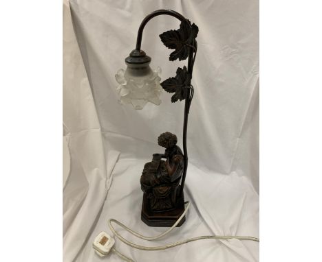 A LARGE ORNATE RESIN TABLE LAMP MODELLED AS A LADY READING A BOOK WITH GLASS SHADE 