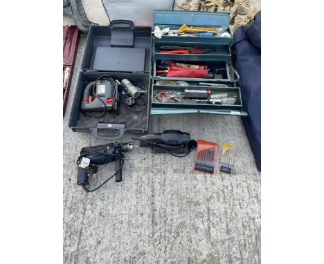AN ASSORTMENT OF TOOLS TO INCLUDE SPANNERS, A JIGSAW, DRILL AND ELECTRIC SANDER ETC 