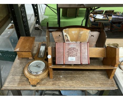 TWO MAHOGANY BOOKSHELVES, WIDTH 38CM, A WALL MIORROR, BAROMETER AND WOODEN BOX 