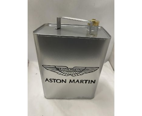 A SILVER METAL ASTON MARTIN PETROL CAN WITH BRASS TOP 