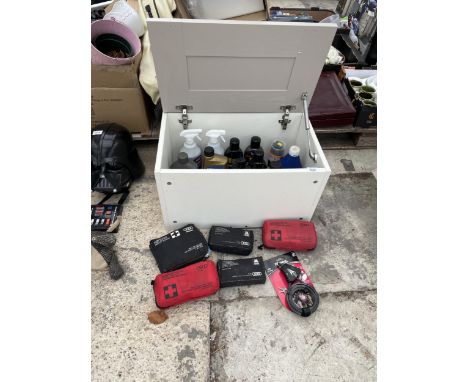 AN ASSORTMENT OF CAR OILS, FIRST AID KITS AND A PADLOCK ETC 