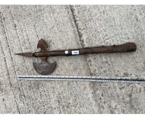 A VINTAGE WOODEN HANDLED AXE 