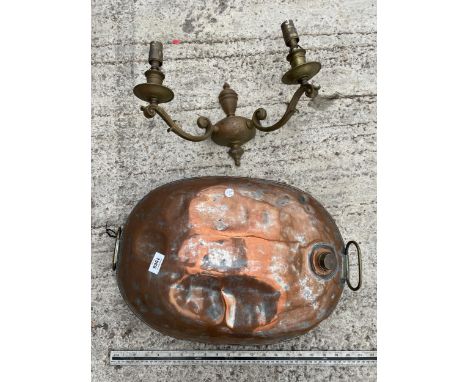 A VINTAGE BRASS LIGHT FITTING AND A COPPER BED WARMING PAN 