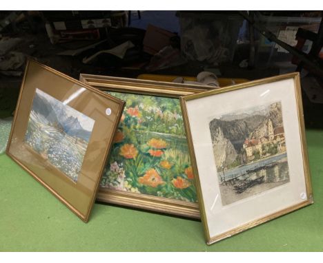 A FRAMED OIL ON CANVAS OF FLOWERS BY A POND, A PRINT TITLED 'JUNE IN THE AUSTRIAN TYROL' BY J MACWHIRTER, R. A. PLUS A SIGNED