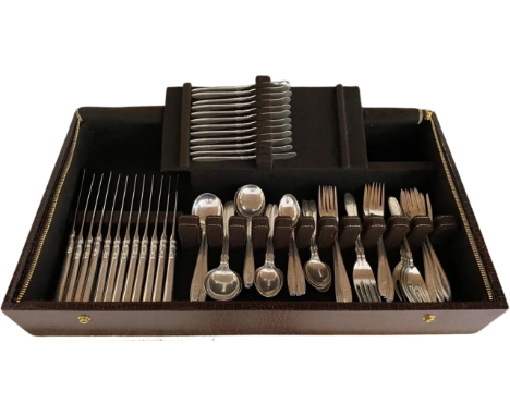 A SEVENTY TWO PIECE GORHAM STERLING SILVER 'NOCTURNE' PATTERN FLATWARE CUTLERY SET IN ORIGINAL BOX. SET COMPRISES OF 12 DINNE