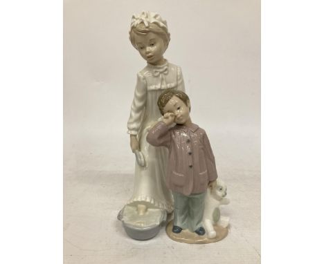 TWO NAO LLADRO FIGURES - BOY WITH TEDDY AND GIRL IN NIGHT GOWN 