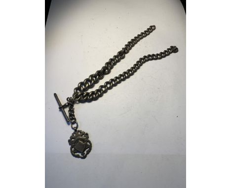 A HEAVY SILVER WATCH CHAIN WITH FOB GROSS WEIGHT 96.7 GRAMS 