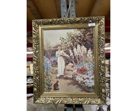 A PRINT ON BOARD OF A GARDEN SCENE IN A GILT FRAME, 42CM X 50CM 