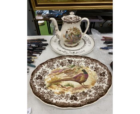 A ROYAL WORCESTER PALISSY GAME SERIES COFFEE POT AND SERVING DISH TOGETHER WITH COPELAND SPODE CHINESE ROSE PLATES 