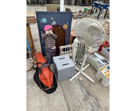 AN ASSORTMENT OF ITEMS TO INCLUDE A FAN, A BAGATELLE GAME AND A LEAF VAC ETC 