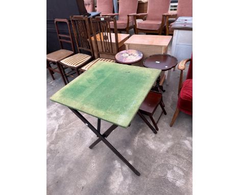 A PAIR OF MODERN TRIPOD WINE TABLES, A FOLDING BED TRAY AND A CARD TABLE 