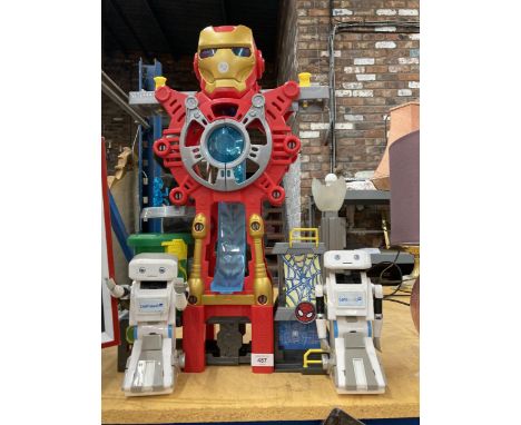 A LARGE TRANSFORMER STYLE ROBOT AND TWO BRIAN ROBOTS 