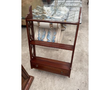 A 19TH CENTURY STYLE HARDWOOD THREE TIER WALL SHELF WITH DRAWER TO THE BASE, 16" WIDE 