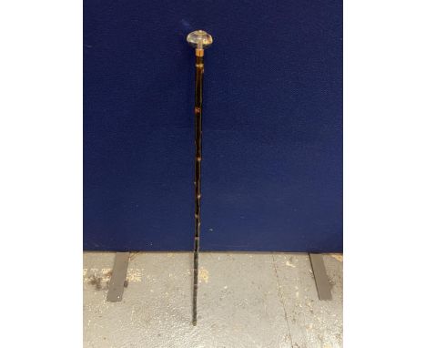 A VINTAGE WALKING STICK WITH GLASS TOP AND METAL BANDING 