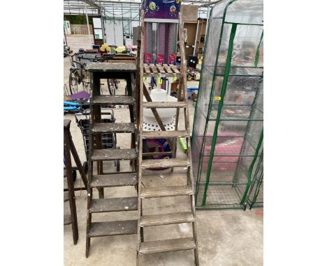 TWO SETS OF VINTAGE WOODEN STEP LADDERS 