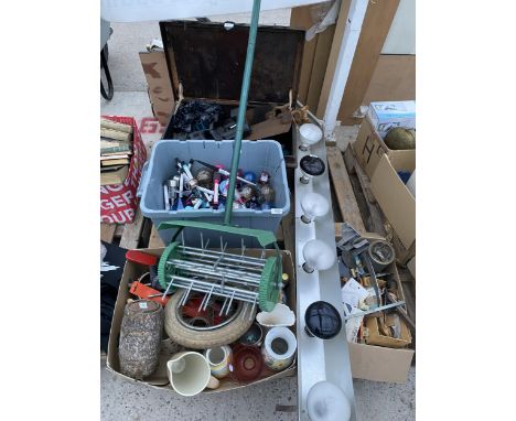 AN ASSORTMENT OF HOUSEHOLD CLEARANCE ITEMS TO INCLUDE  CERAMICS AND TOOLS ETC 