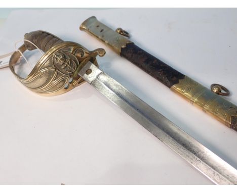 A 19th Century Royal Navy Officer's Sword with shagreen grip within leather and brass scabbard 