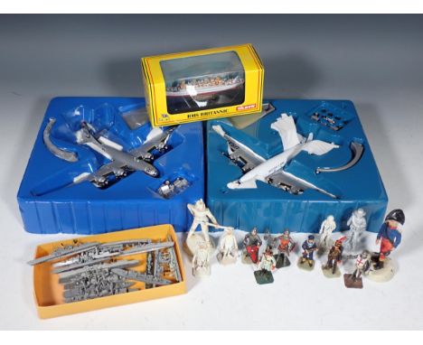 Two boxes of completed and unbuilt small scale Ship plastic Kits, various Tri-ang Minic Ships and Corgi Aircraft including B-