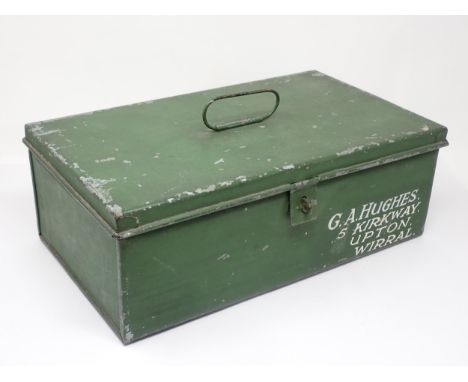 A vintage green painted metal Tackle Box with owner's painted details 1ft 2 1/2in W x 5in H 