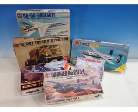 A boxed Matchbox 1:48 scale Chance Vought Corsair, Airfix Chevrolet 15-CWT Truck and six pounder gun, Shorts Skyvan, Dornier 