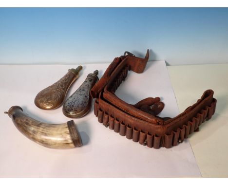 Two Powder Flasks, a Powder Horn by Hawkesley, and a Pattern 1897 Ammunition Bandolier A/F 