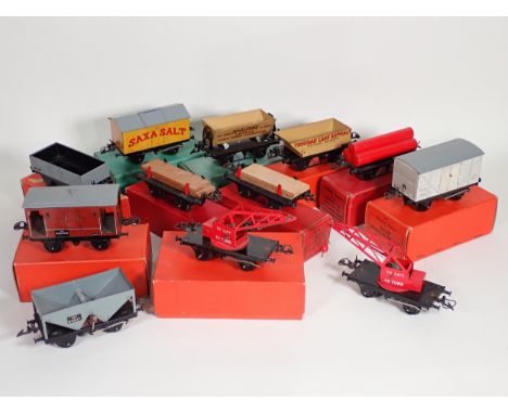Two boxed Hornby 0 gauge No.1 Timber Wagons, a boxed Gas Cylinder Wagon, a No.50 Refrigerator Van, a No.50 Rotary Tipping Wag