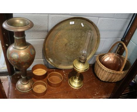 Collection of metal ware to include oil lamp