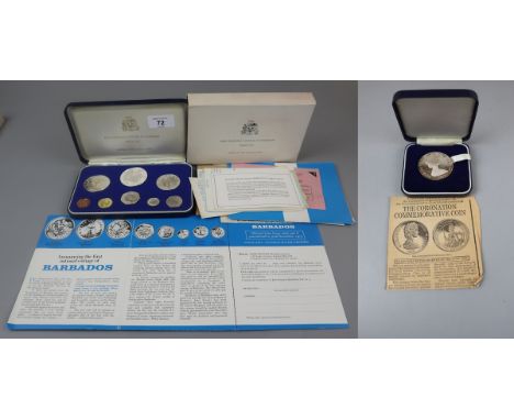 Case set of proof Barbados coins (possibly containing 2 silver coins) together with Cook Island commemorative coin (possibly 