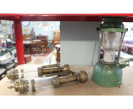 Pair of GWR carriage lamps together with a Tilly lamp 