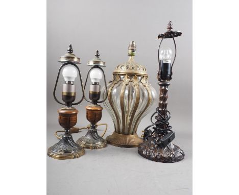 A glass and brass mounted table lamp with fluted design, 15 3/4" high, a pair of table lamps and one other 