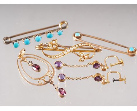 Two yellow metal turquoise set bar brooches, a yellow metal and seed pearl bar brooch, a yellow metal, amethyst and seed pear