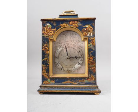A French bracket clock with chinoiserie decoration, scrolled silvered dial and Roman numerals, on bun feet, 9 1/4" highCondit