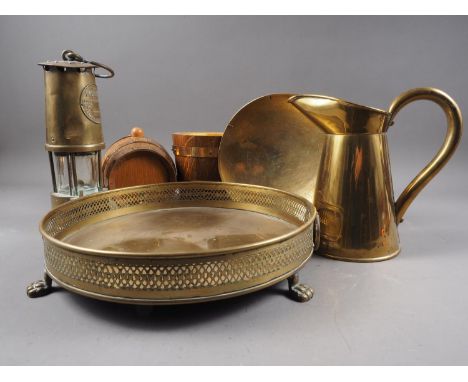 A quantity of metalware, including a miner's brass lamp, two coopered whisky barrels, trays and other items 